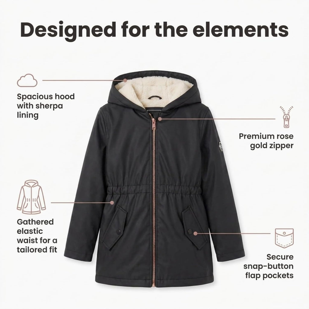 Girls Rain Jacket - Sherpa Lined Hood, Warm Waterproof Coat
