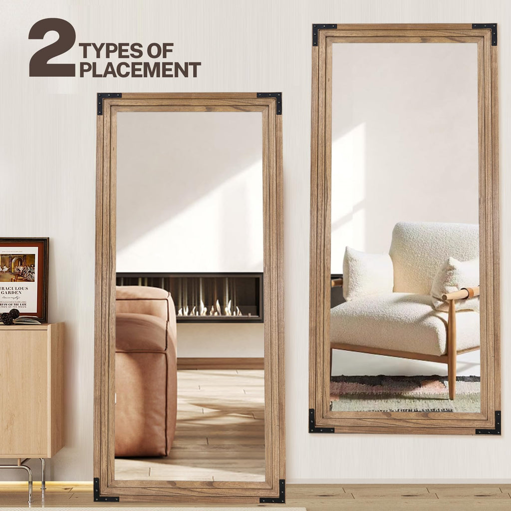 Full Length Mirror 76"x34", Solid Wood Frame Standing Mirror, Oak Color
