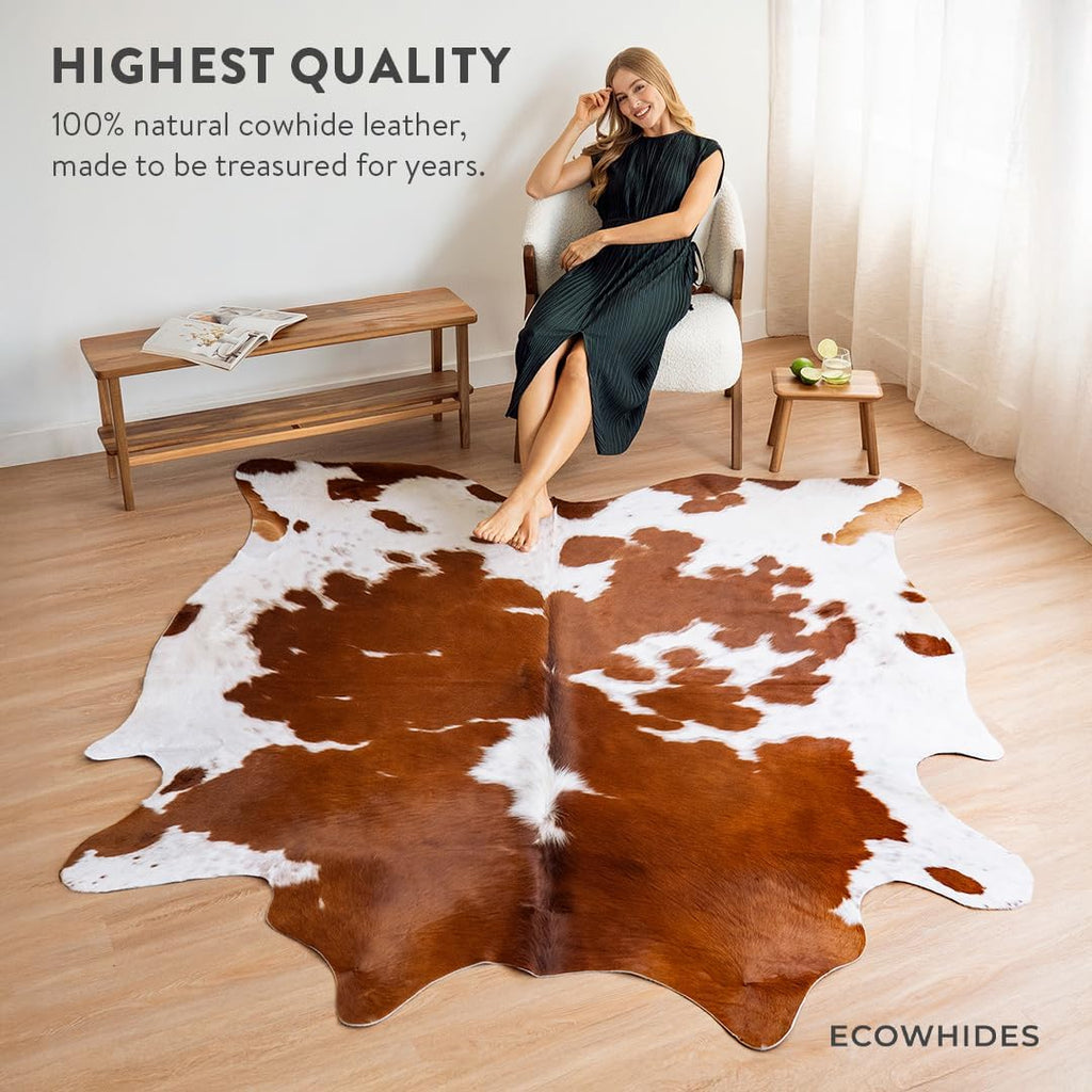 100% Genuine Brazilian Cowhide Rug - Brown and White - Luxury Cowskin Leather Area Rug Décor 7 x 6 feet