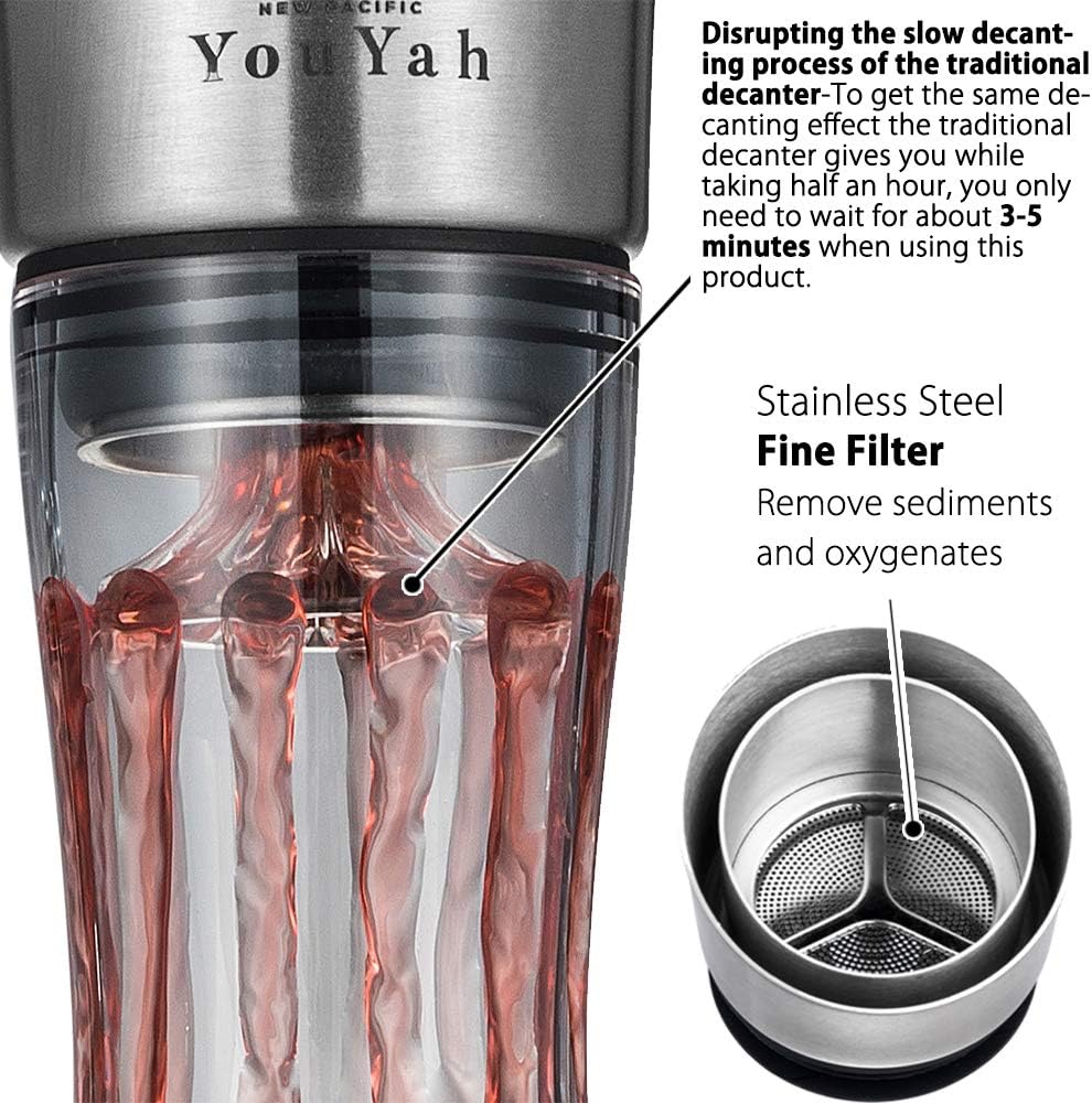 YouYah Wine Decanter Set,Red Wine Carafe with Built-in-Aerator,Wine Aerator,Wine Gifts for Christmas,Stainless Steel
