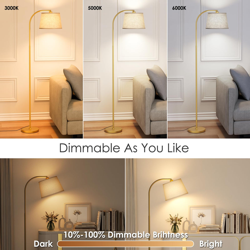 64" 3 Color Dimmable Gold Arc Floor Standing Lamp with Remote