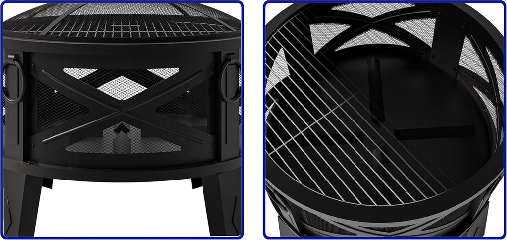 26"Steel Fire Pit with Grill Grate&Spark Screen,360° Airflow Boost Technology,Less Smoke,Larger Flames,Heavy-Duty