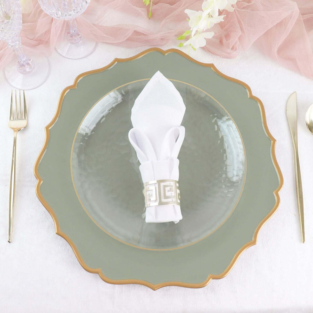 13" Charger Plates - Set of 12 - Dusty Sage Green Round Acrylic Chargers with Scalloped Rim, Ideal for Dinner Party