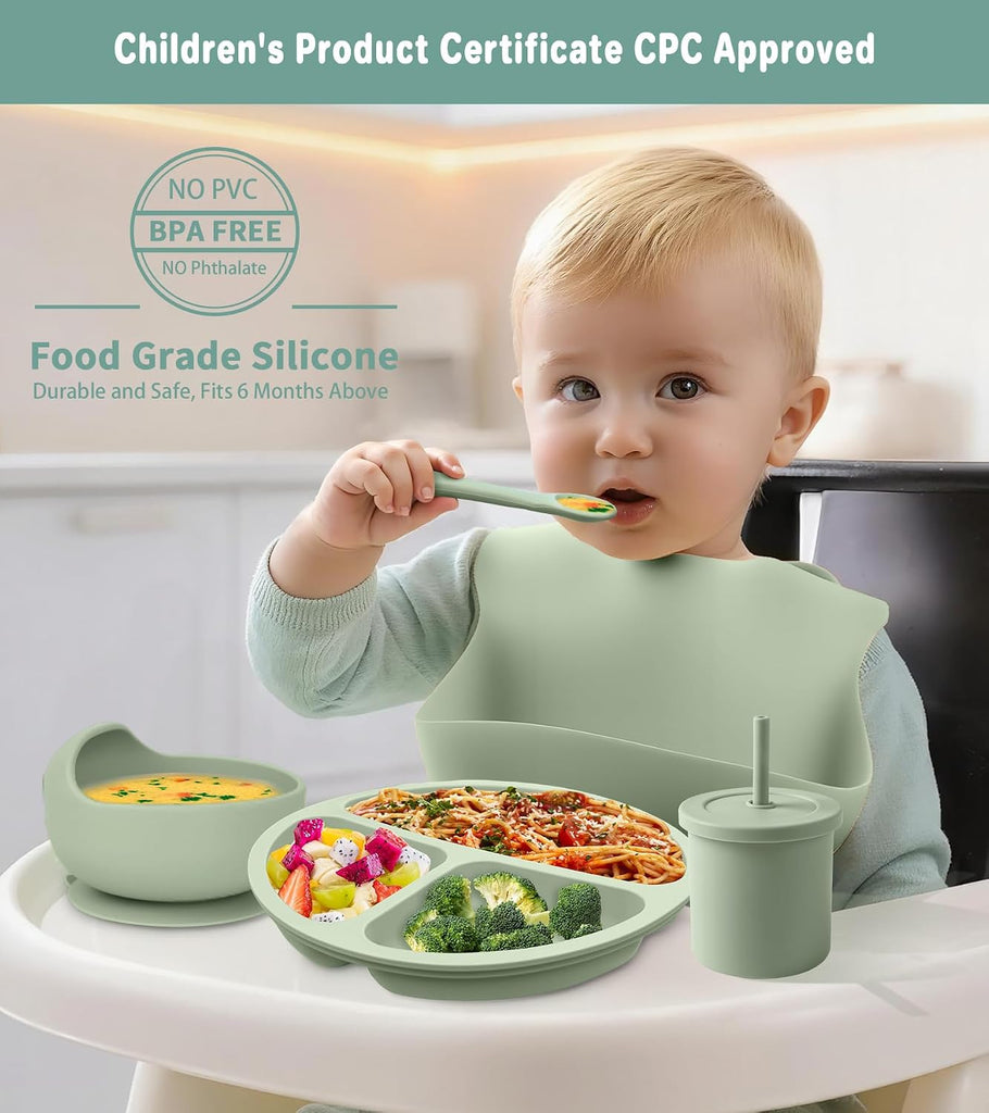 Feeding Set, BPA Free Baby Dishes Set with Suction Bowl Divided Plate, Adjustable Bib, Soft Spoons and Forks, Cup