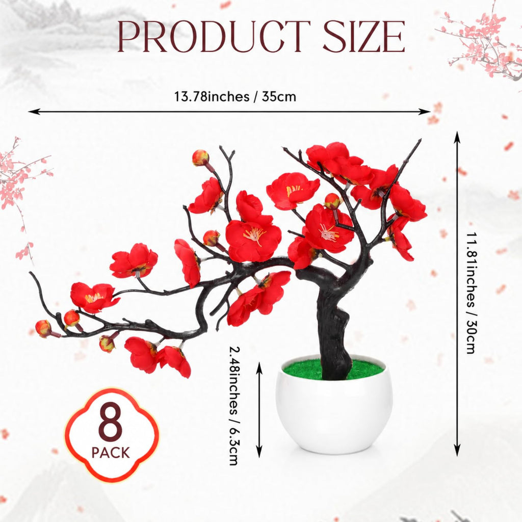 8 Pack Red Plum Blossom Silk Flowers with Pot, Lateral