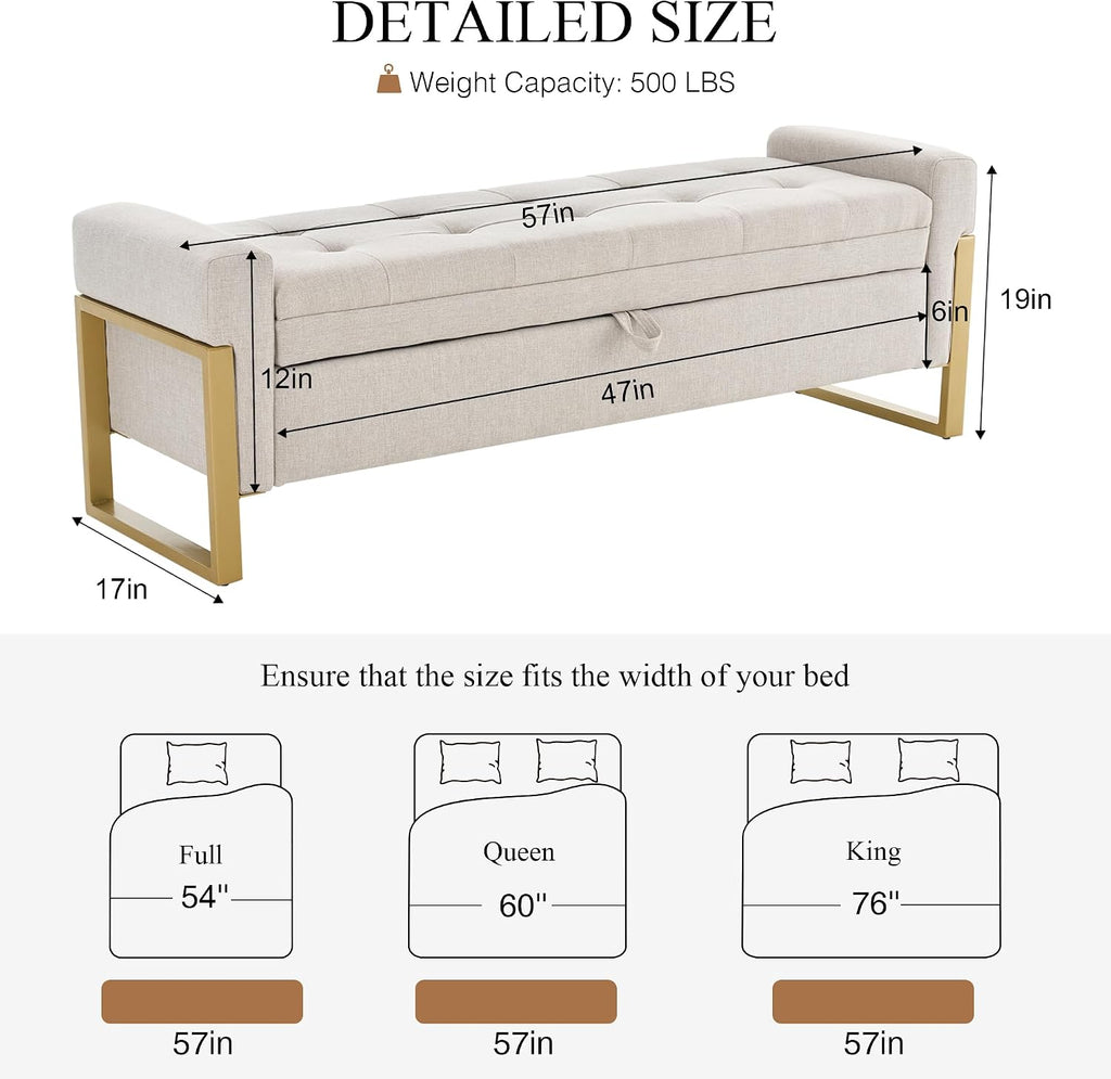 57" Storage Ottoman Bench, Upholstered End of Bed Bench, Beige | Metal Legs & Button-Tufted, Linen Ottoman with