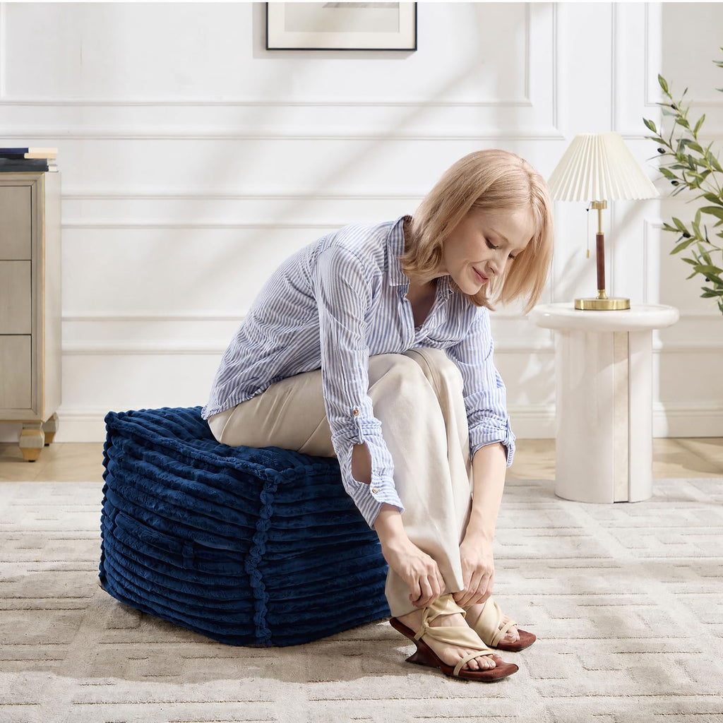 Square Stuffed Pouf Ottoman with Foam Chunk Filling, Navy