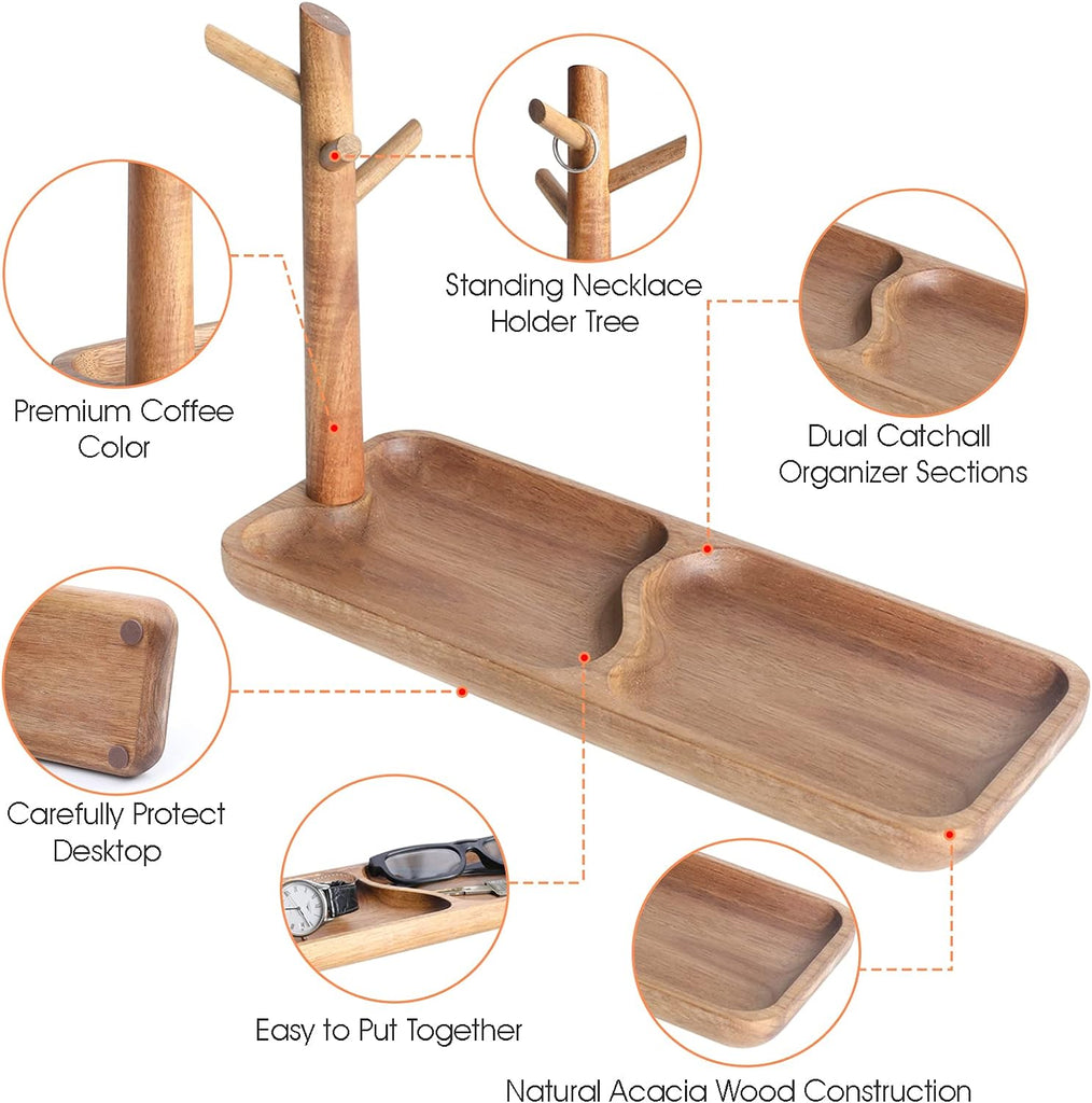 Wood Key Tray for Entryway Table, Jewelry Tray, Catchall Tray with 3 Stand Hanging Organizer, for Rings, Phone