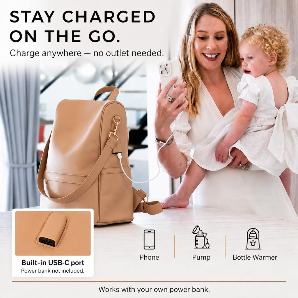 Leather Diaper Bag Backpack with USB Charging port, Changing Pad and Stroller Straps (Brown Mia)