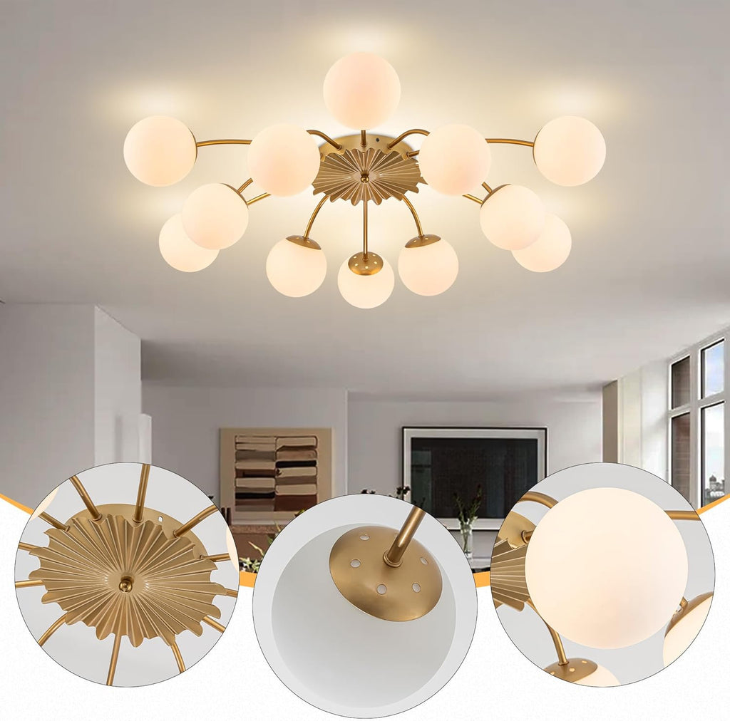 12-Light Sputnik Chandelier Gold and White 38.1 Inches | Flush Mount Ceiling Lights, Blossom Accent, Mid Century Opal
