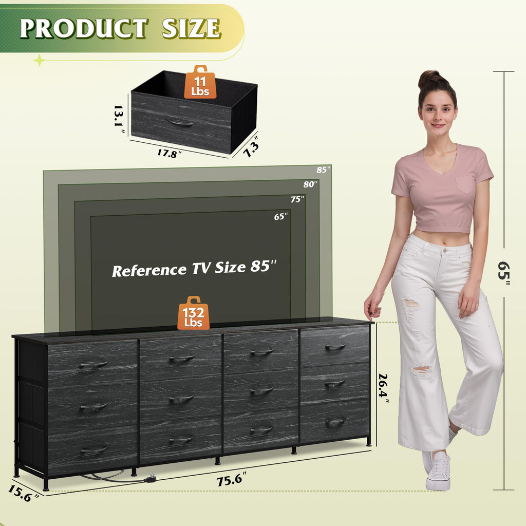 Dresser TV Stand for 85 Inch TV, 12 Drawer Dresser, Black Wood Grain