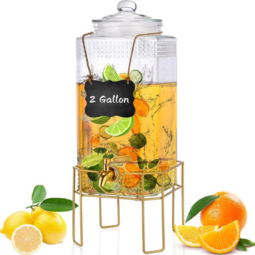Drink Dispenser,2 Gallon Drink Dispensers for Parties,Beverage Dispenser with Stand,Glass Lid and Stainless Steel