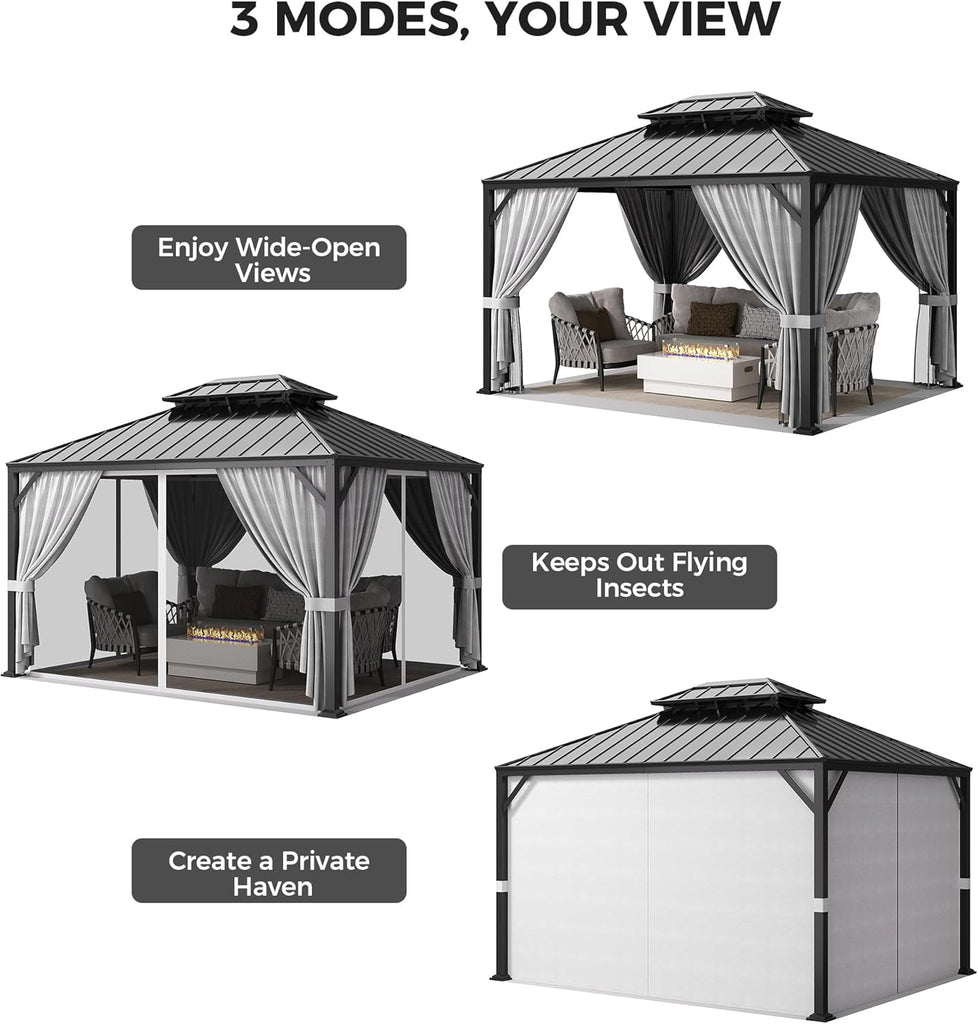 10'x12' Outdoor Hardtop Gazebo, Aluminum Patio Gazebo with Galvanized Steel Double Roof