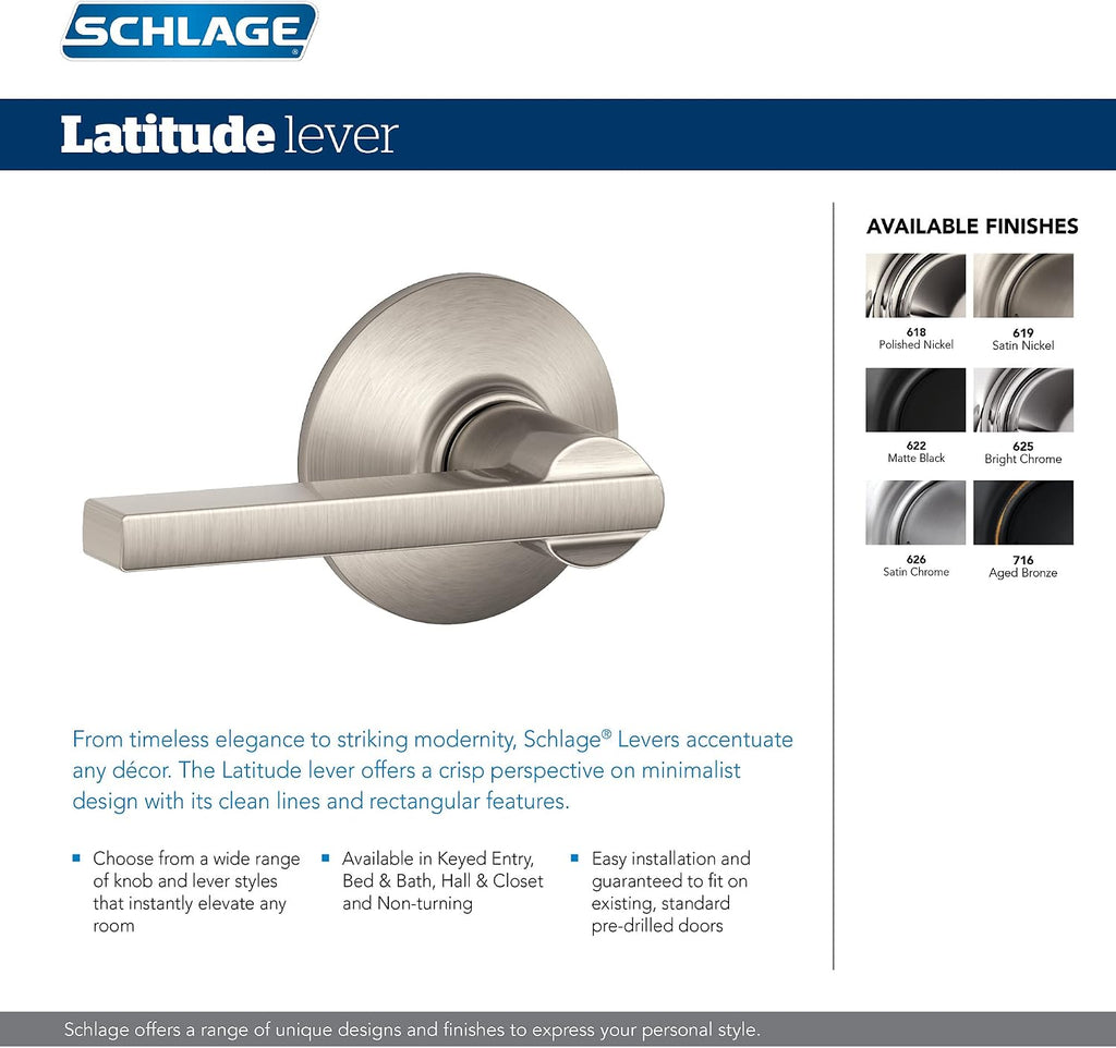 F40 V LAT 622 Latitude Door Lever, Bed & Bath Privacy Lock, Matte Black