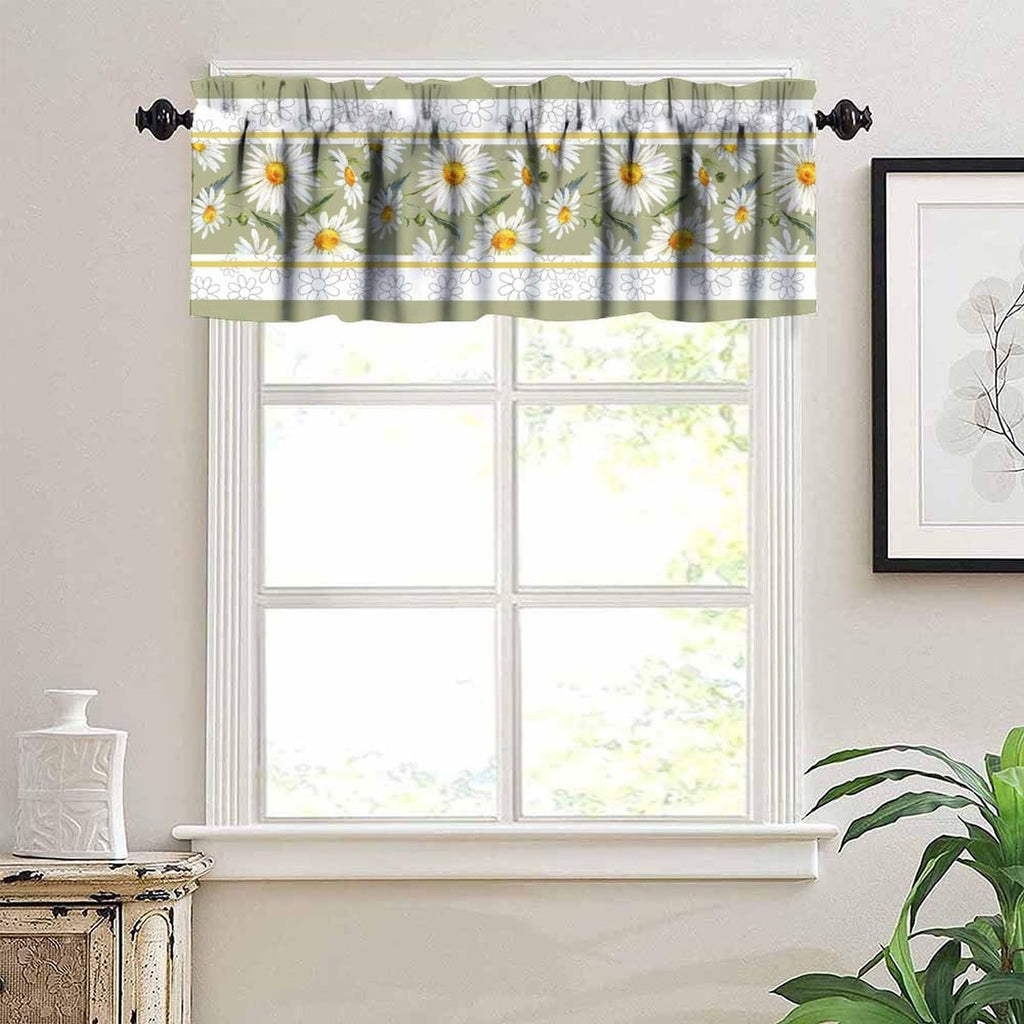 Daisy Flower Window Valance, Summer Watercolor Plants Floral Spring Garden Print Blackout Short Curtain Treatment for