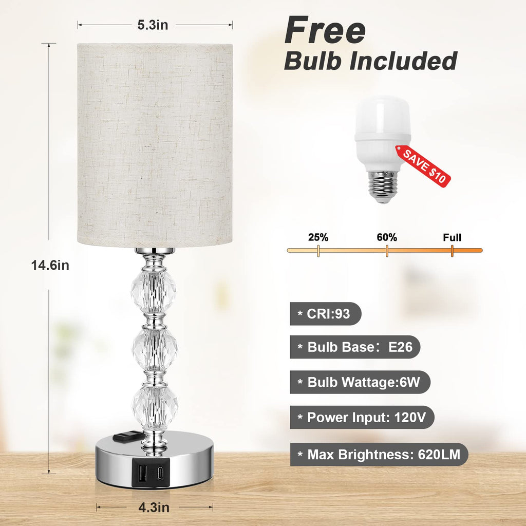 White Touch Bedside Lamps s - Crystal Table Lamp with USB C+A Charging Port and AC Outlet Nightstand, 3 Way Dimmable