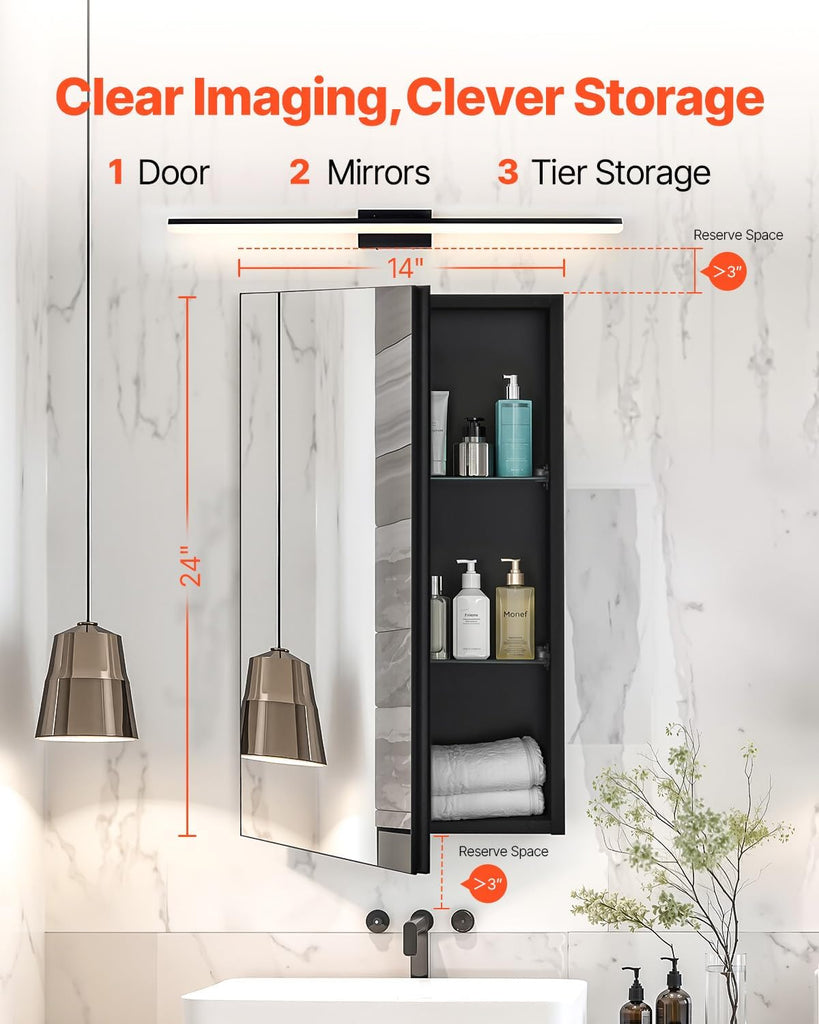Medicine Cabinet, 14 x 24 inches, Medicine Cabinet with Mirror, Aluminum Frame Bathroom Wall Cabinet, 2-Layer