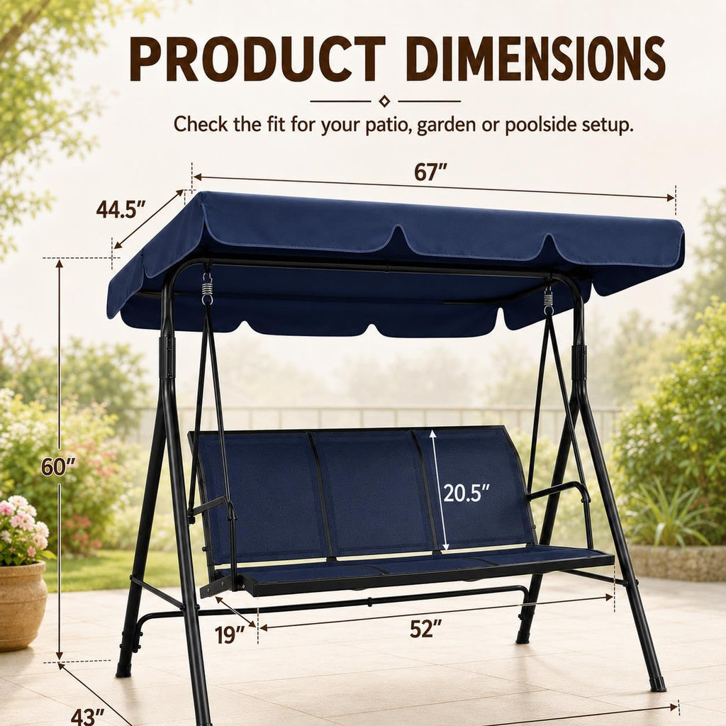 3-Seat Patio Swing Chair w/Texteline Fabric Ez Setup, Blue