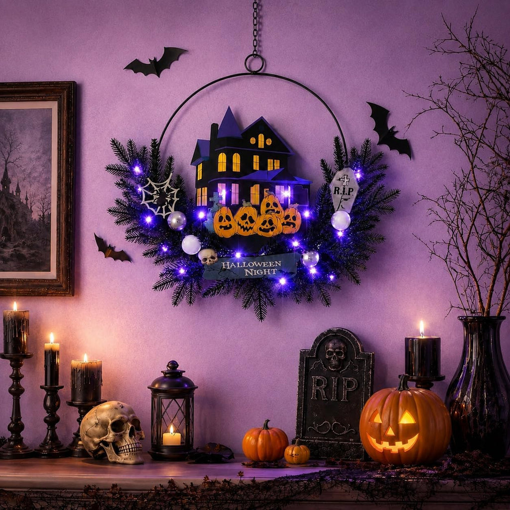 Halloween Wreath with Lights, 15.7 Inch, 6H On/18H Off Timer