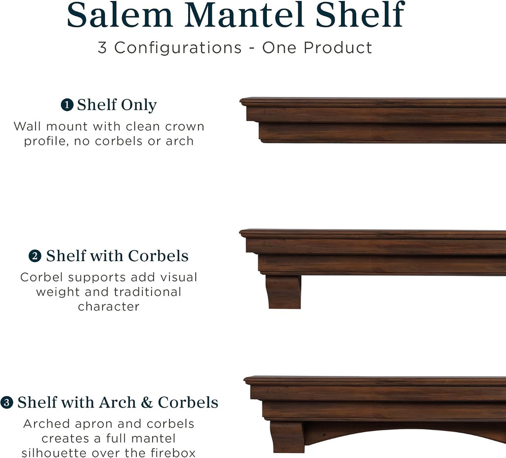 Wood Mantel Shelf with Arched Corbels - Rosewood 60 Inch | Wooden Rustic Wall Mounted Shelf from Pine Wood