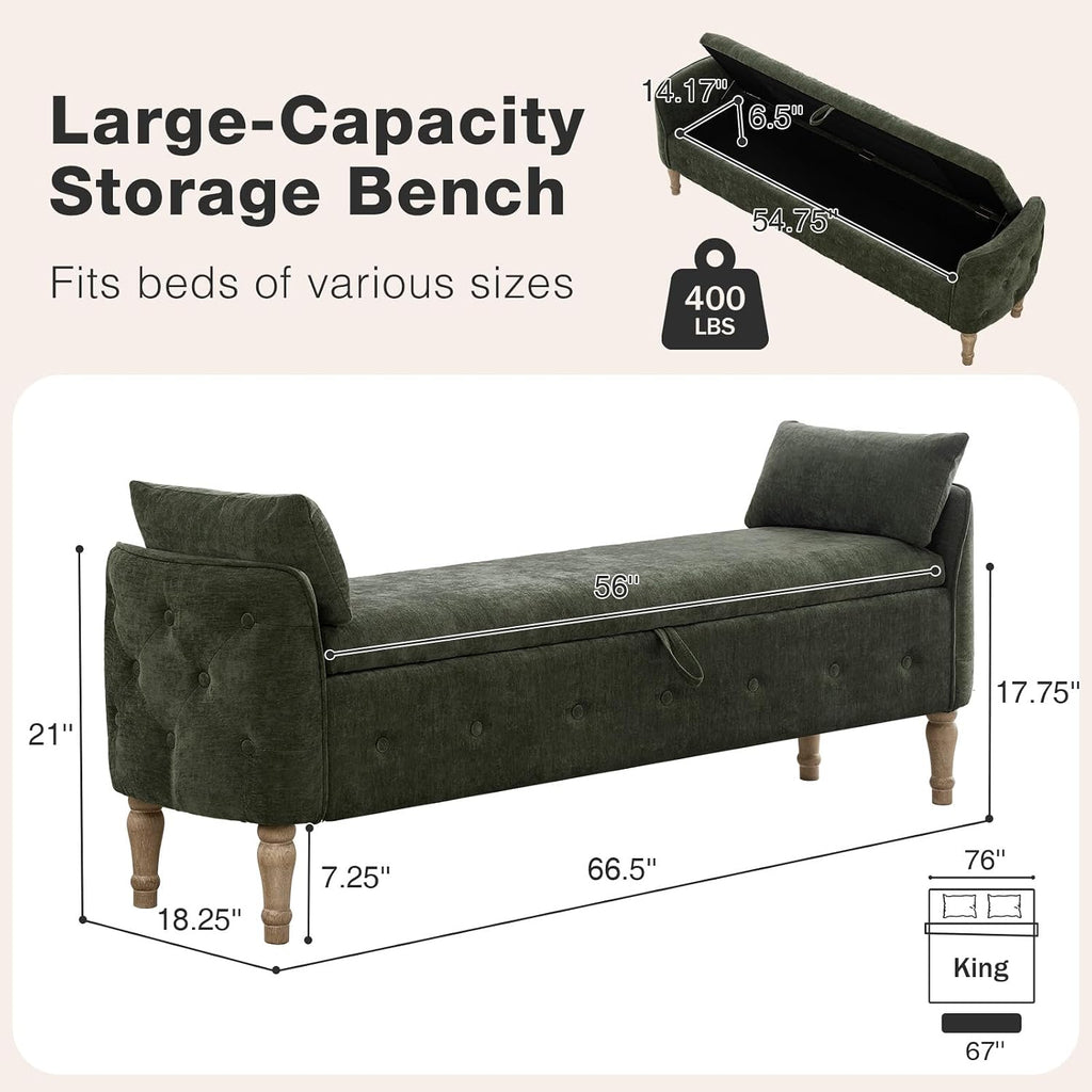 67"End of Bed Storage Bench King Size,Upholstered Bedroom Bench,Green | Linen Storage Bench End of Bed ,2 Cushion