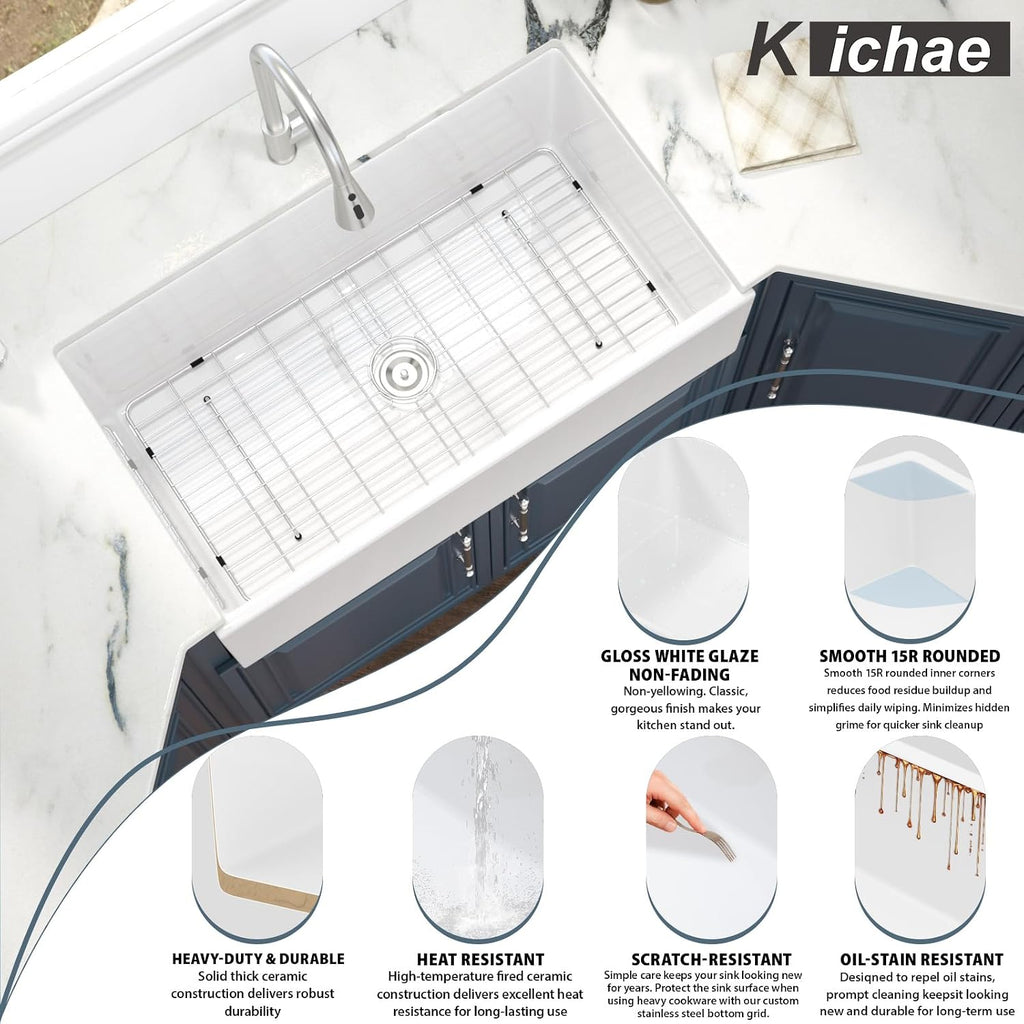 36 Inch White Farmhouse Sink - 36" x 20" Farm Kitchen Sink Undermount Singe Bowl Apron Front Fireclay Ceramic