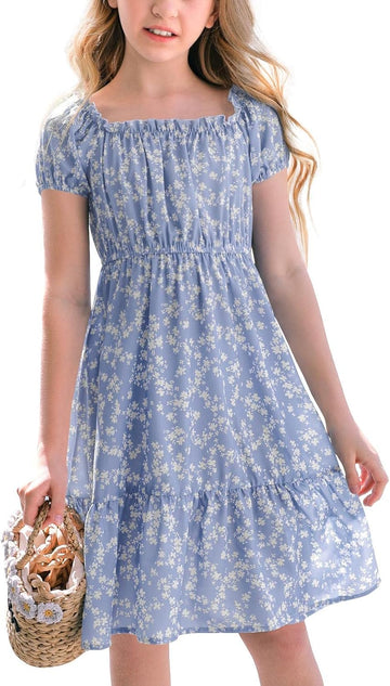 Summer Dress Kids Floral Puff Sleeve Smocked Midi Dresses