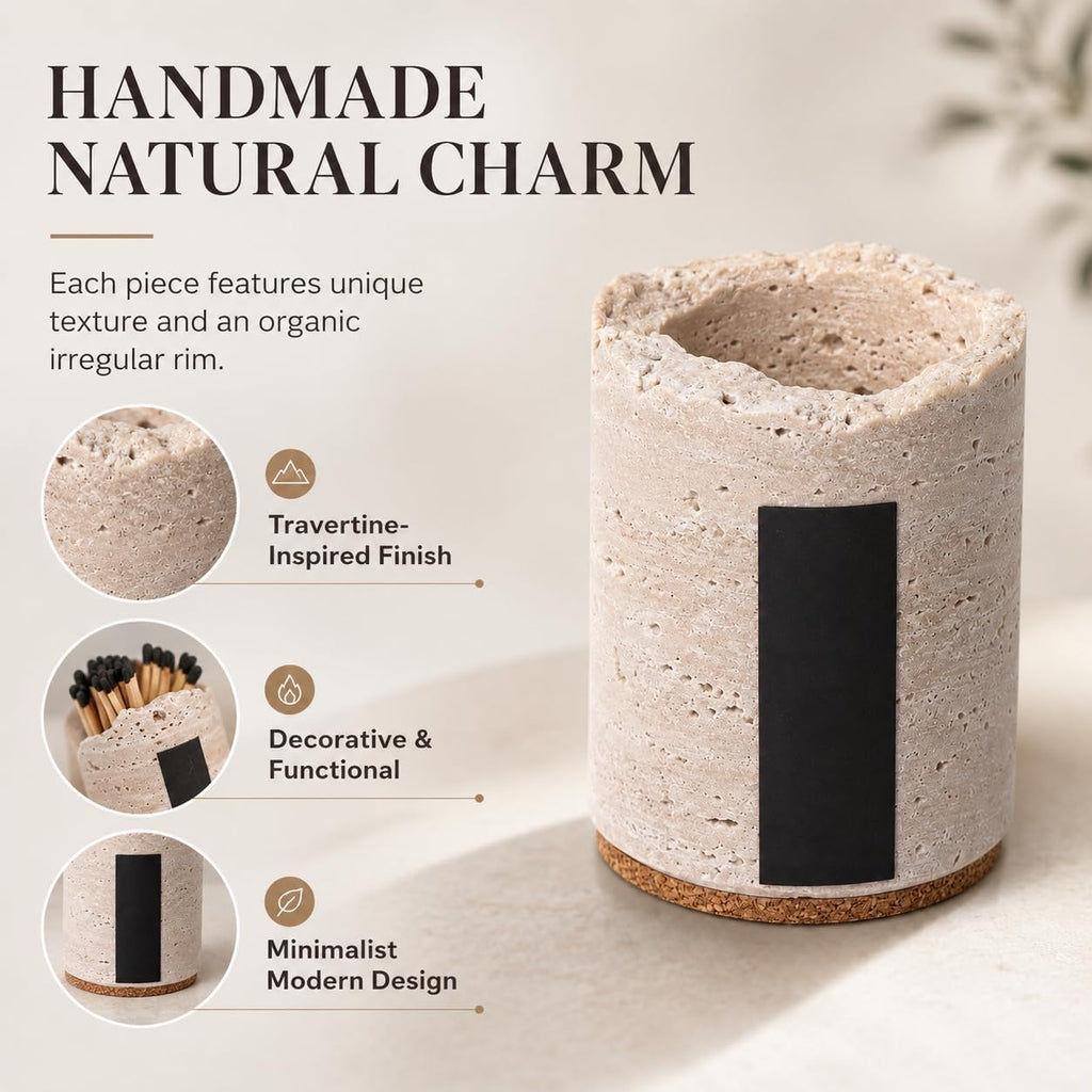 Natural Travertine Match Holder with Striker for Candle Home Decor - Matches Not Included