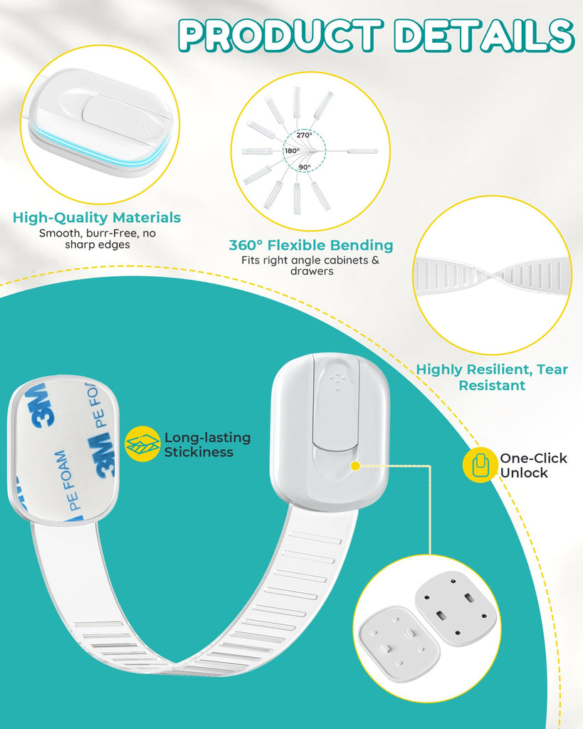 Cabinet Locks Baby Proofing - 14 Pack Child Safety Latches White