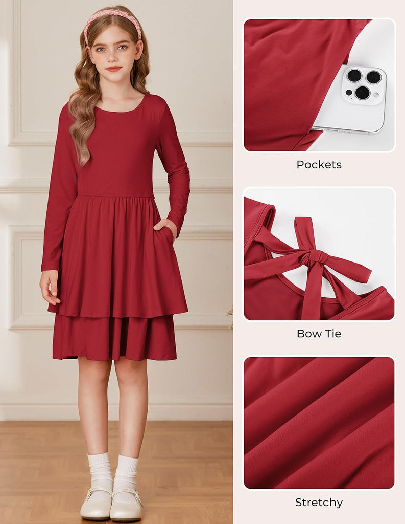 Girls Fall Dress Long Sleeve Tie Back Pockets School Party
