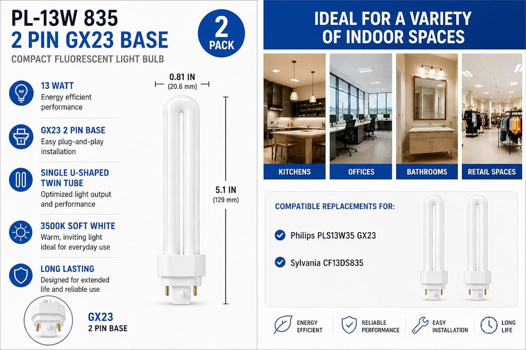 835 CFL Bulb GX23 2 Pin 13W 3500K Neutral White Twin Tube 2Pk
