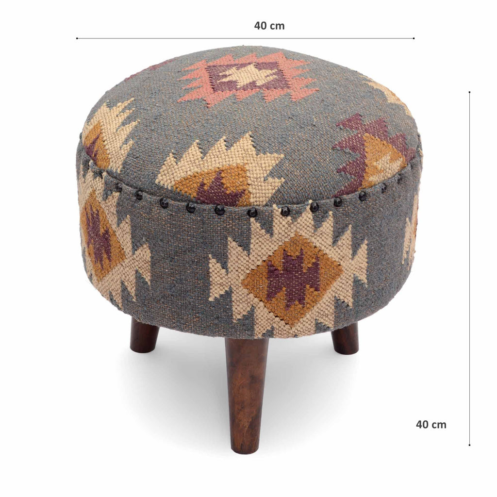 Handmade Kilim Jute Pouf Ottoman Stool | Round Upholstered Seating with Acacia Wood Base | Decorative Foot Rest &
