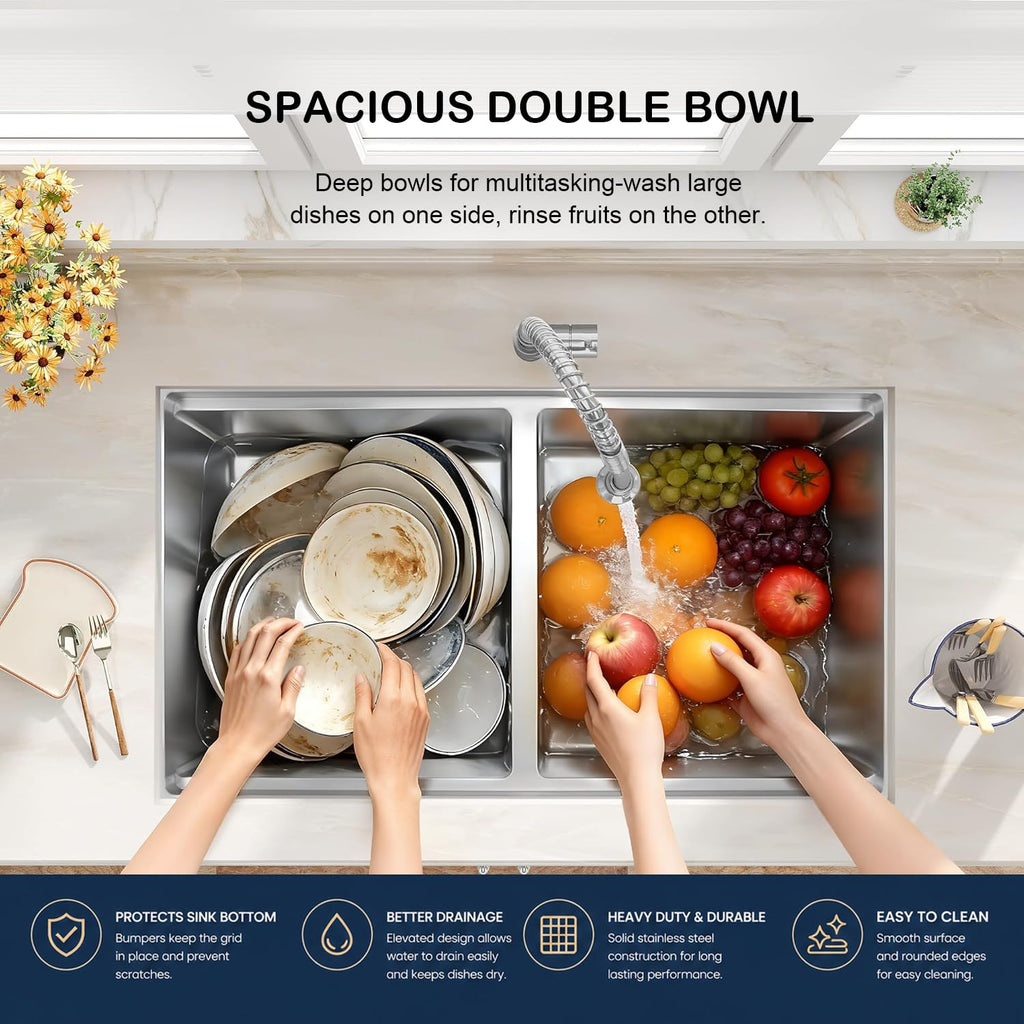 30 Inch Undermount Kitchen Sink Double Bowl, Stainless Steel Workstation