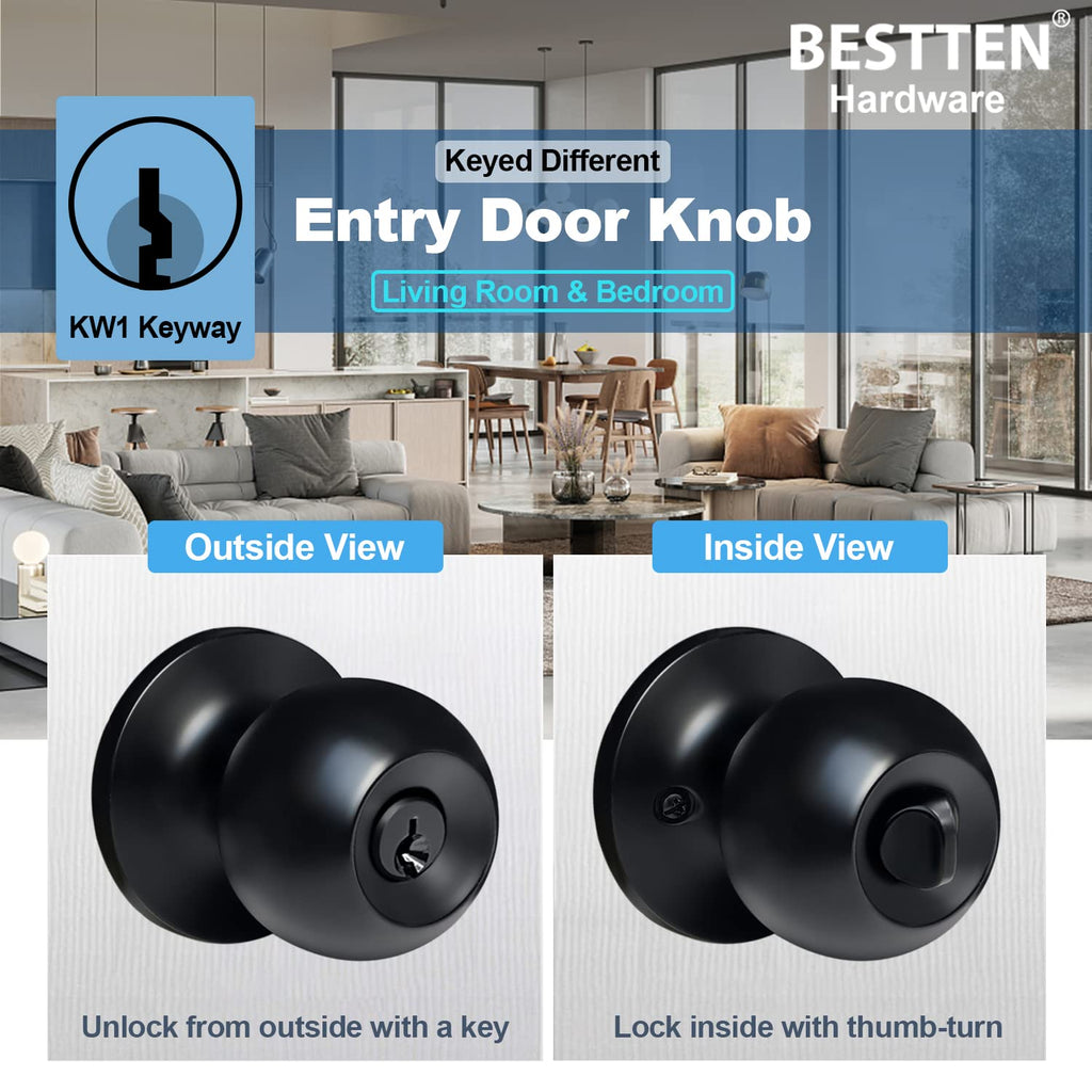 5 Pack Door Knob with Lock and Key, Keyed Different, Matte Black
