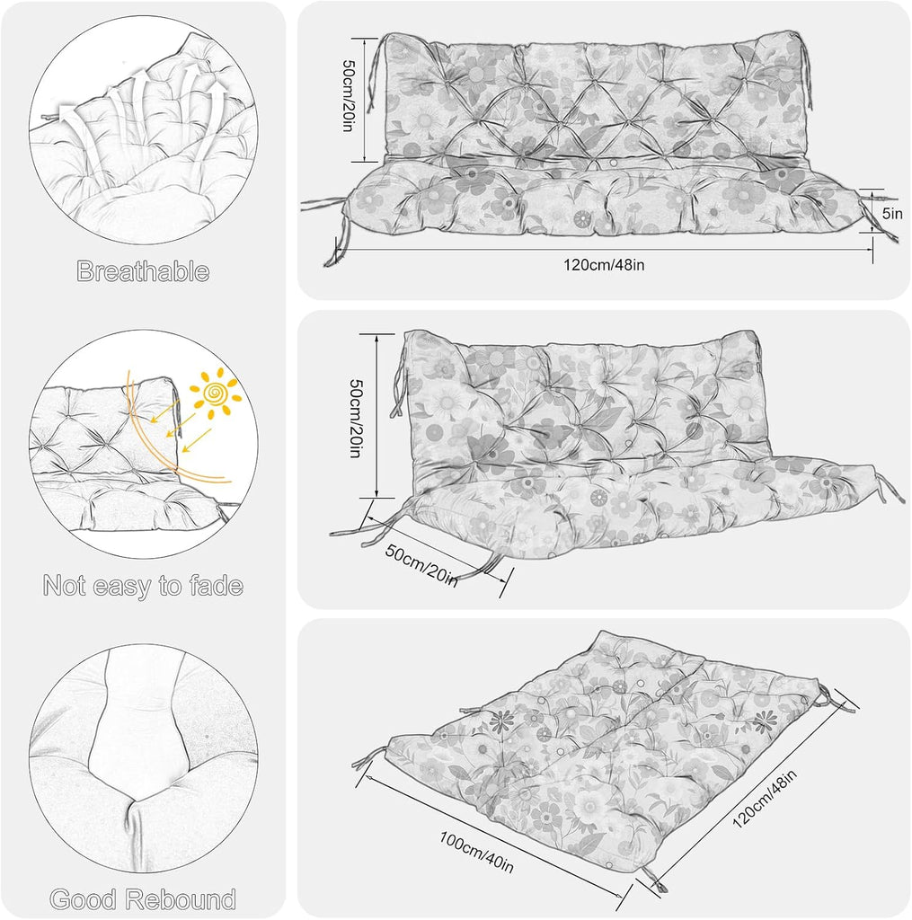 Porch Swing Cushions Outdoor 48 inch x 40 Waterproof Swing Cushions 3 Seater Replacement with Backrest & 8 Ties 5"