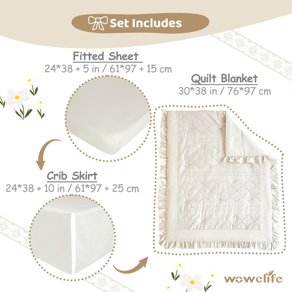 Crib Bedding Set for Girls, 3 Pieces Baby Crib Bedding Set Newborn, Mini Tufted Jacquard Ruffle Fringe Boho, Infant &