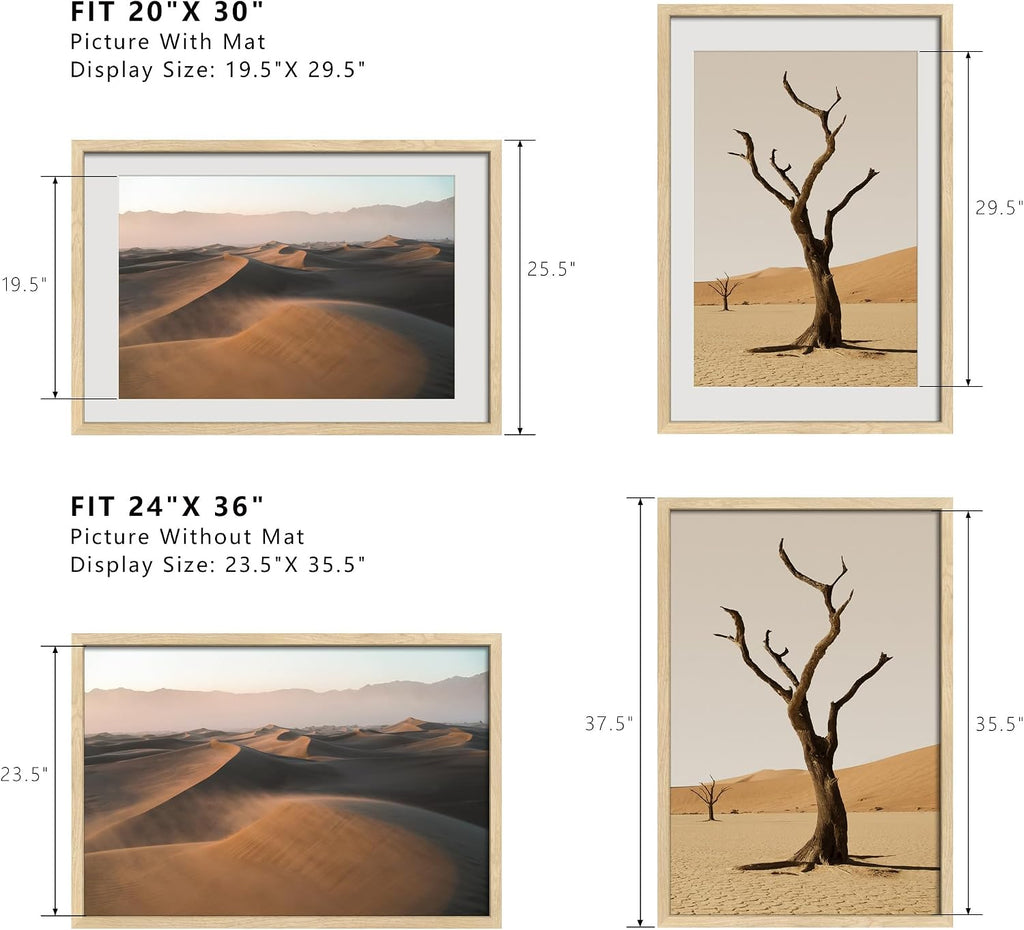 24x36 Poster Frames 3 Pack - Natural wood Movie Picture Frame | Display18x24 with Mat or 24x36 Without, Horizontal &