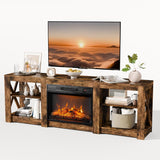 Fireplace TV Stand for up to 80 inch TVs, Farmhouse Entertainment Center with Electric Fireplace Heater & Adjustable Shelves, Fireplace Media Console Table for Living Room, Rustic Brown