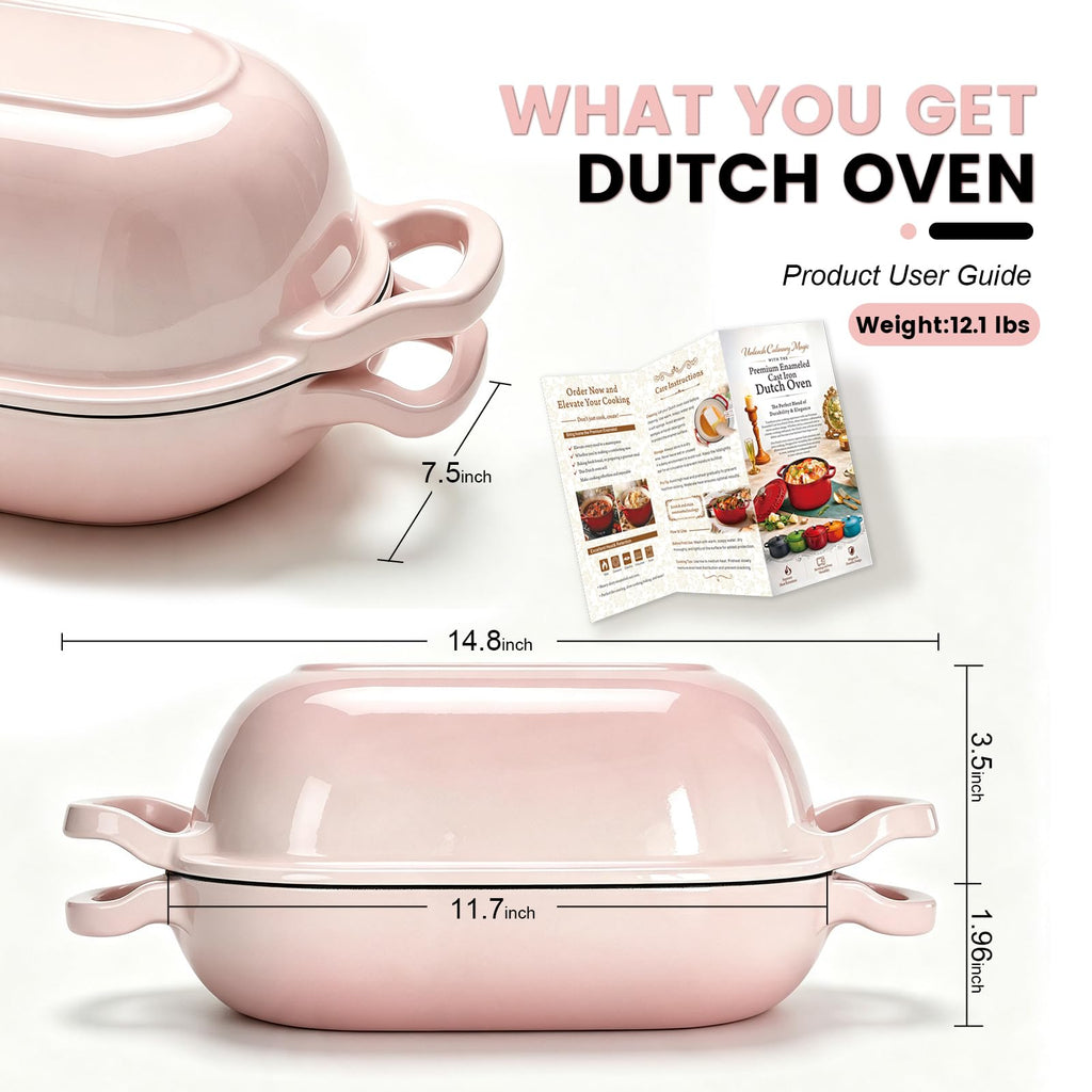 Oval Cast Iron Dutch Oven, Sourdough Bread Baking Pan with Lid, Pink
