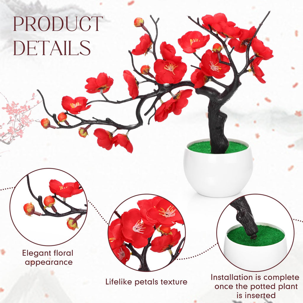 8 Pack Red Plum Blossom Silk Flowers with Pot, Lateral