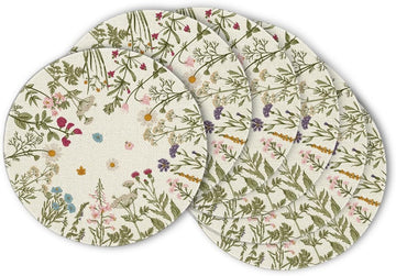 Antique Herbs Wild Flowers Spring Round Placemats, 14 Inch Summer Round Table Mats for Dining Decoration - Set of 6