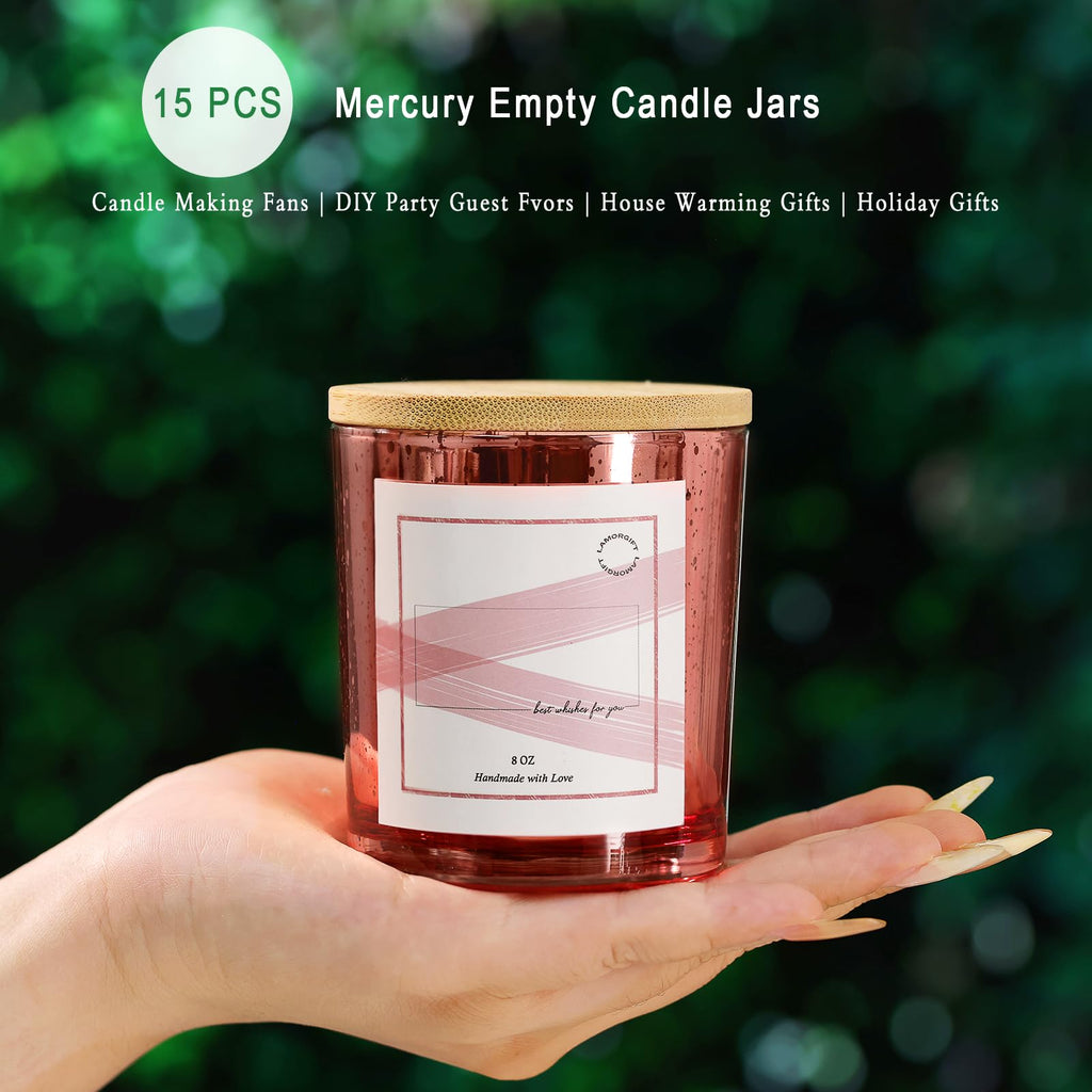 15 Pack Empty Candle Jars With Lids (8oz, Rose Gold) - Making Containers Include 20 Pcs Labels - Mercury Glass Jars
