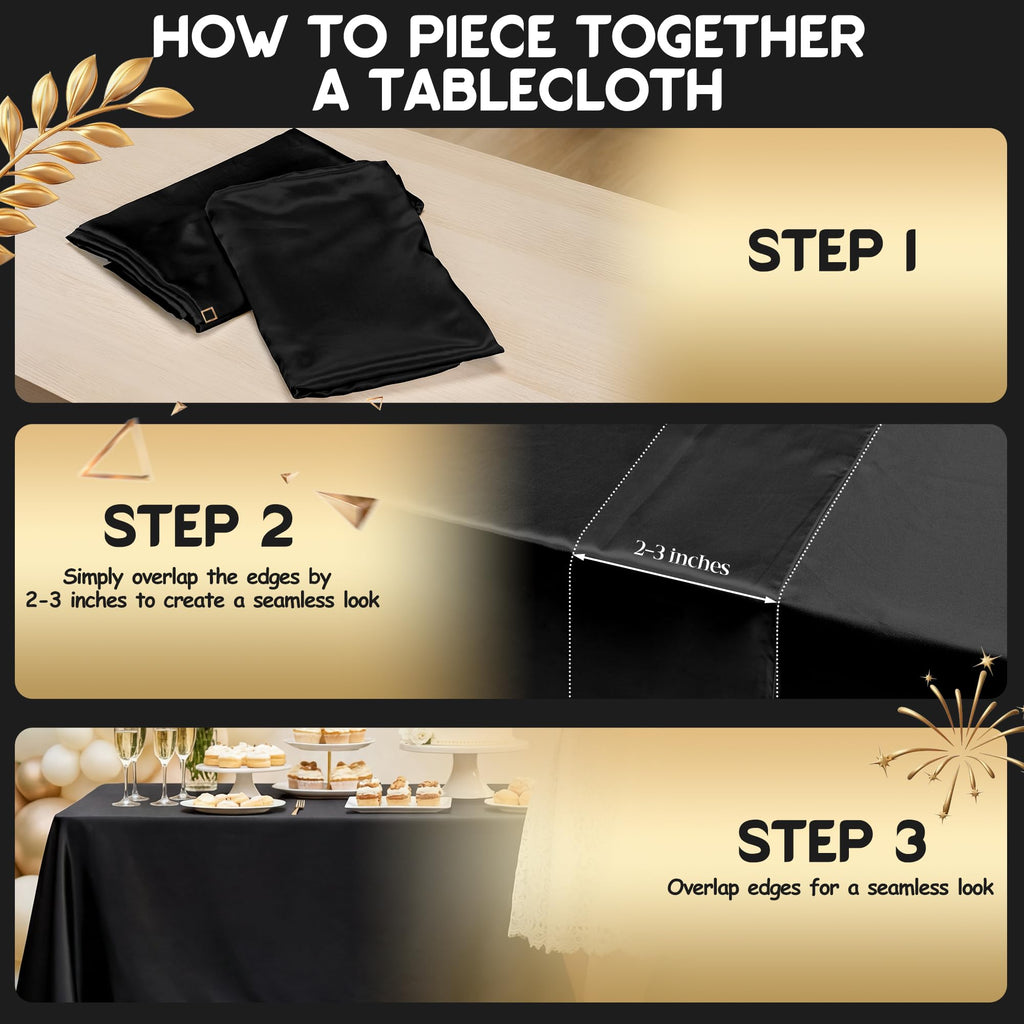 8 Pack Black Satin Tablecloth 58 x 102 Inch Overlay Seamless Design