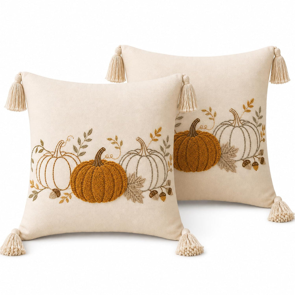 Fall Pumpkin Pillow Covers 18x18 Set of 2, Boho Neutral Pumpkin Decor