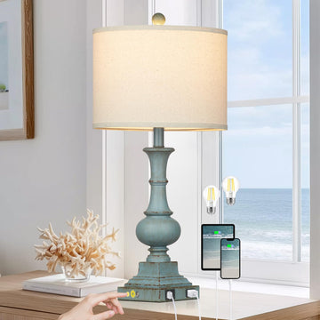 26" Tall Coastal Farmhouse Lamp, Vintage Table Lamp with USB A/C Charging Ports & AC Outlets for Nightstand, 3-Way