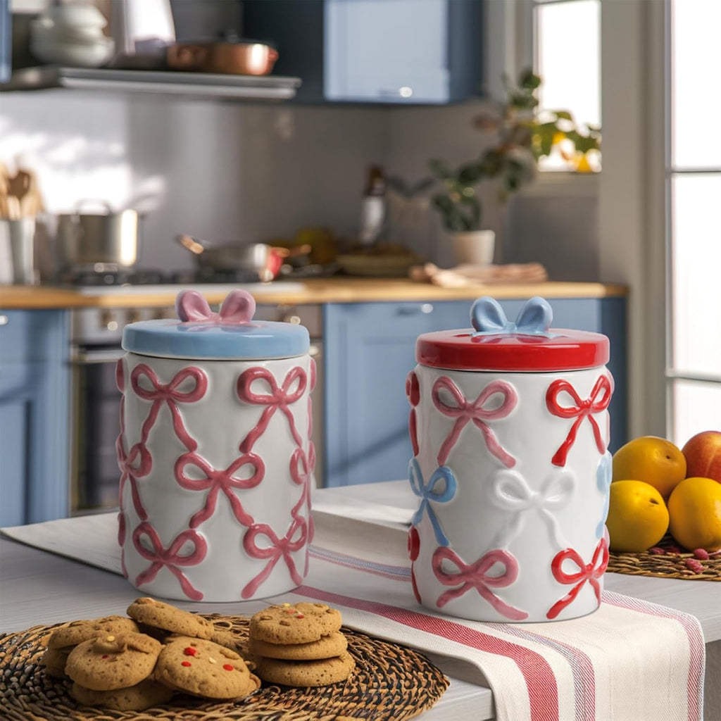 Cookie Jars with Lid Airtight, 42 OZ Large Ceramic Food Storage Containers, Cute Pink Bow Kitchen Canisters