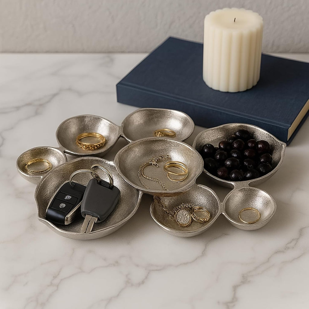9 Cluster Decorative Bowls Bright Silver Snack Tray Bowl Chip & Dip Serving Piece Strong Brass Centerpiece Beautiful