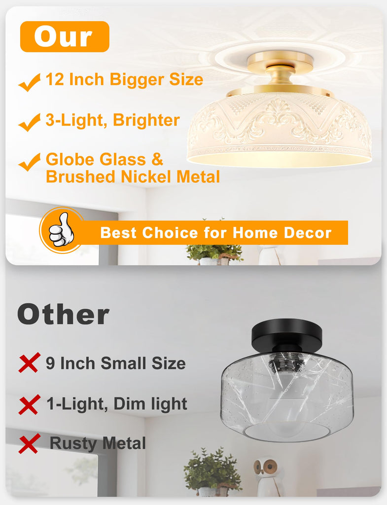 Semi Flush Mount Ceiling Light, Vintage Kitchen Fixture, Gold, 12"