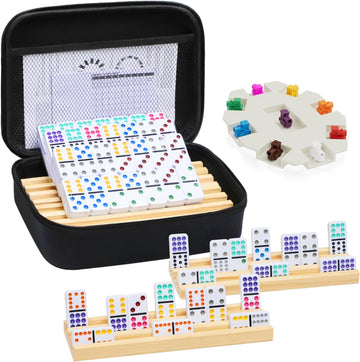 Mexican Train Dominoes Set with 4 Wooden Trays/Racks, Double 12 Dominos Travel Set with 4 Domino Tiles Holders, 91