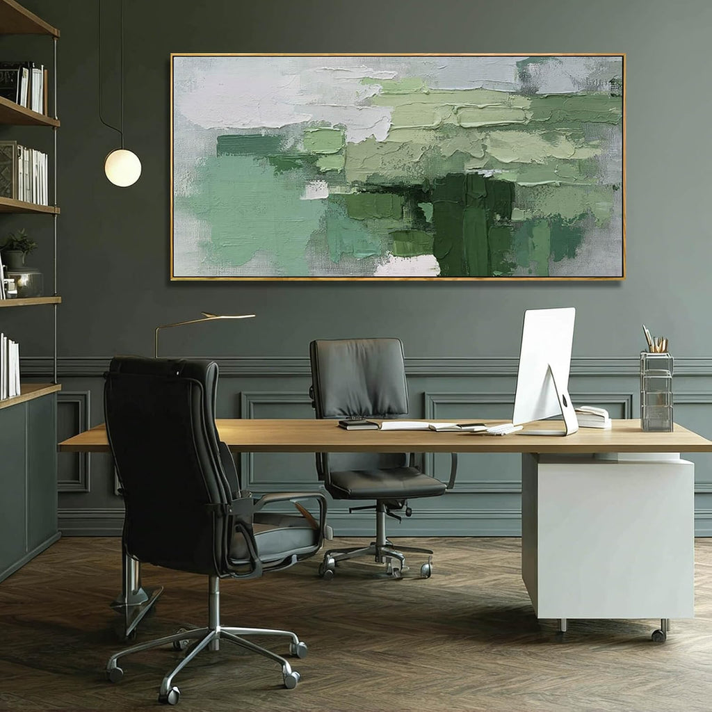 Light Green Abstract Wall Picture, Large Framed Canvas Artwork with Wooden Frame, Contemporary Textured